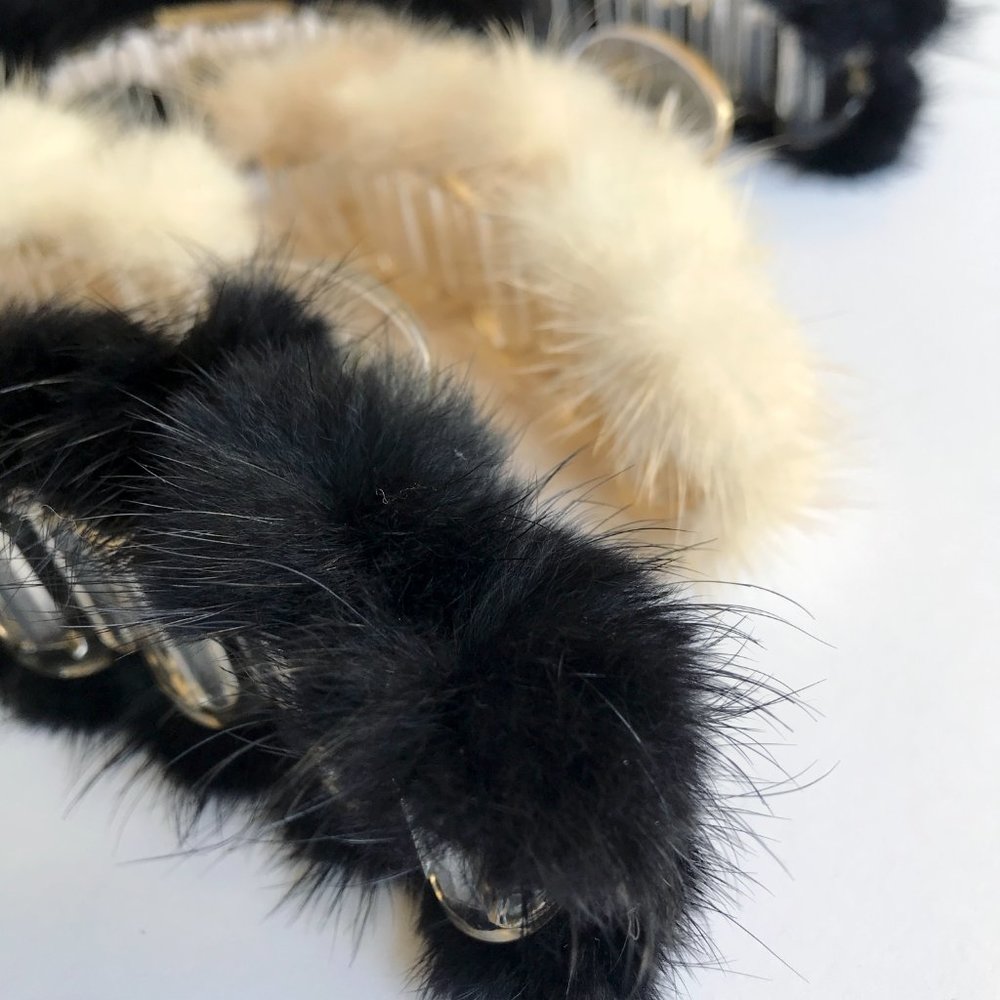 Small Mink Pom Pom Hair Clip Hair Jaw Claw • Black Tan or White • Genuine Fur - Picture 15 of 16